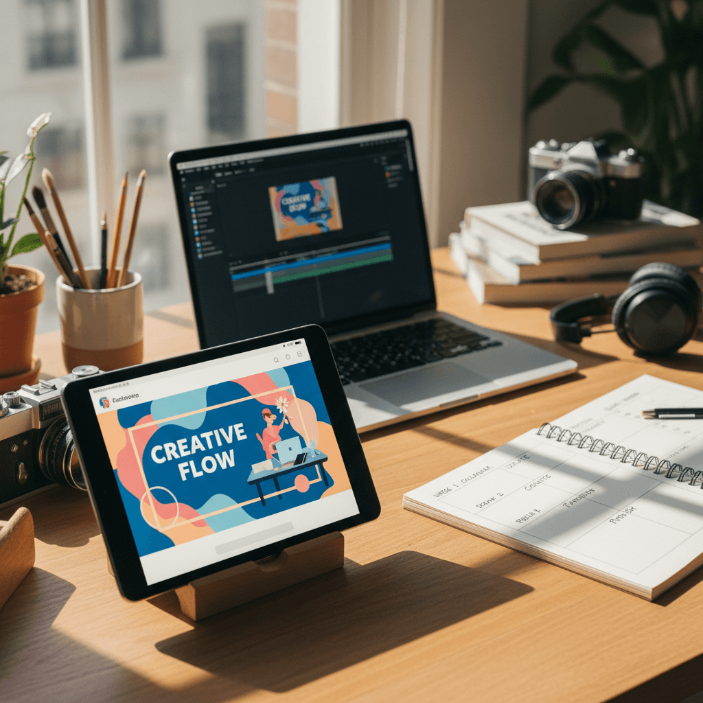 Content creation workspace with tablet and design tools