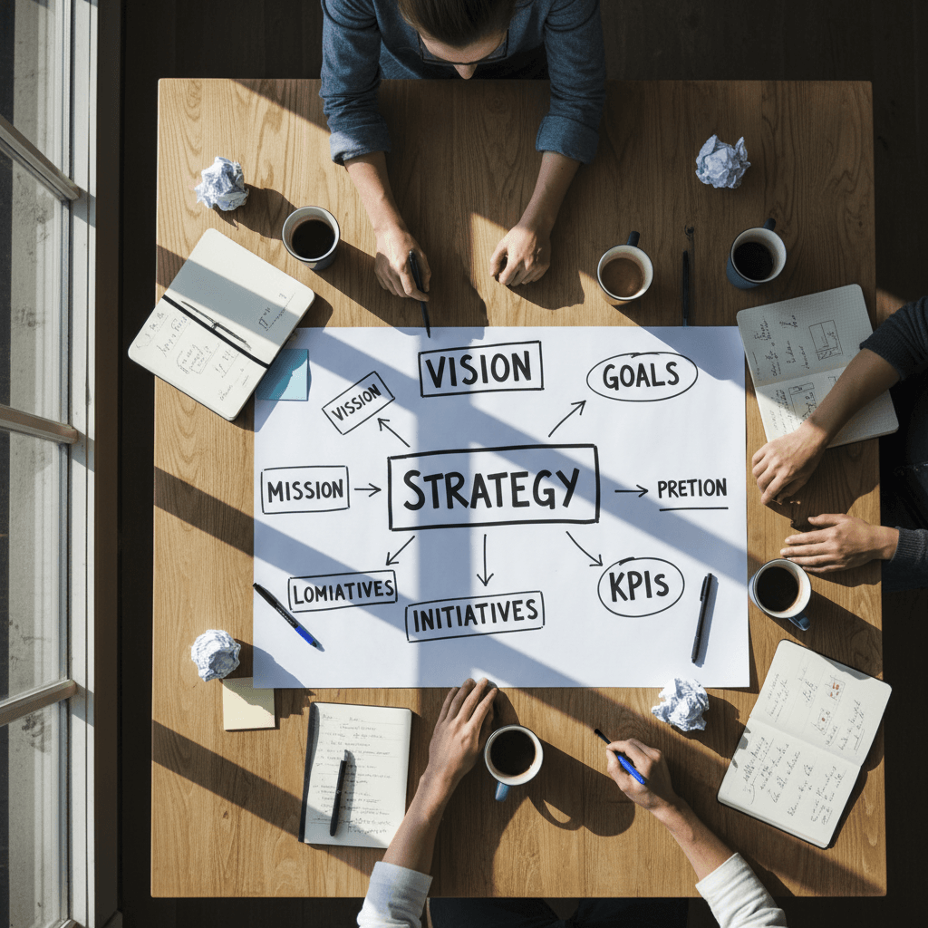 Strategy framework sketched on whiteboard during planning session