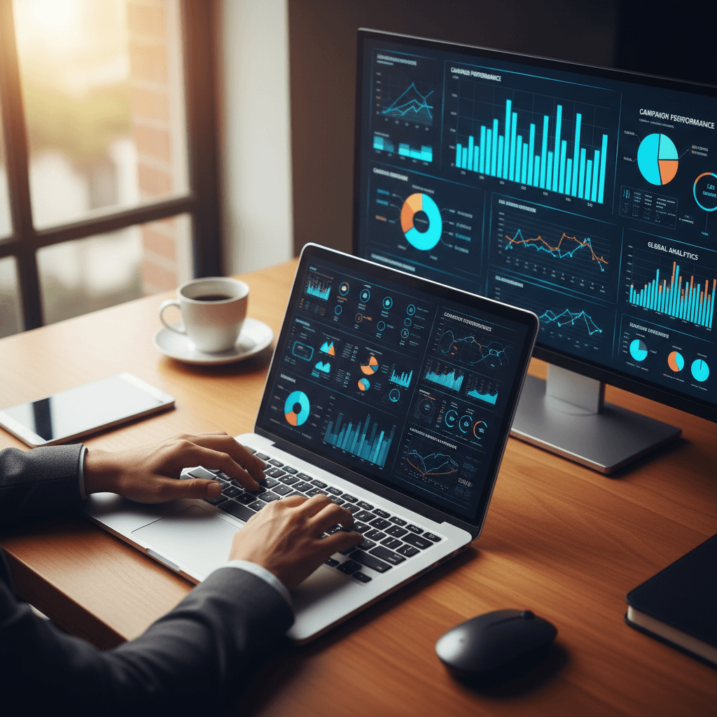 Digital marketing work in progress on laptop and monitor